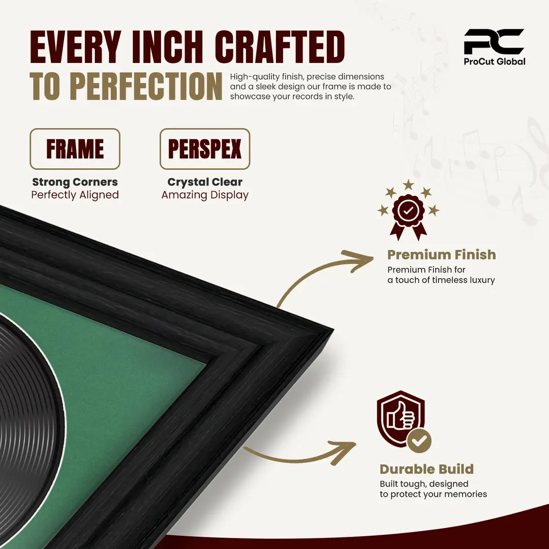 30x17" Classic Black Vinyl Record Frame With Emerald (Green) Mount | For 12" LP Cover and Disc Side By Side Display thumbnail 7