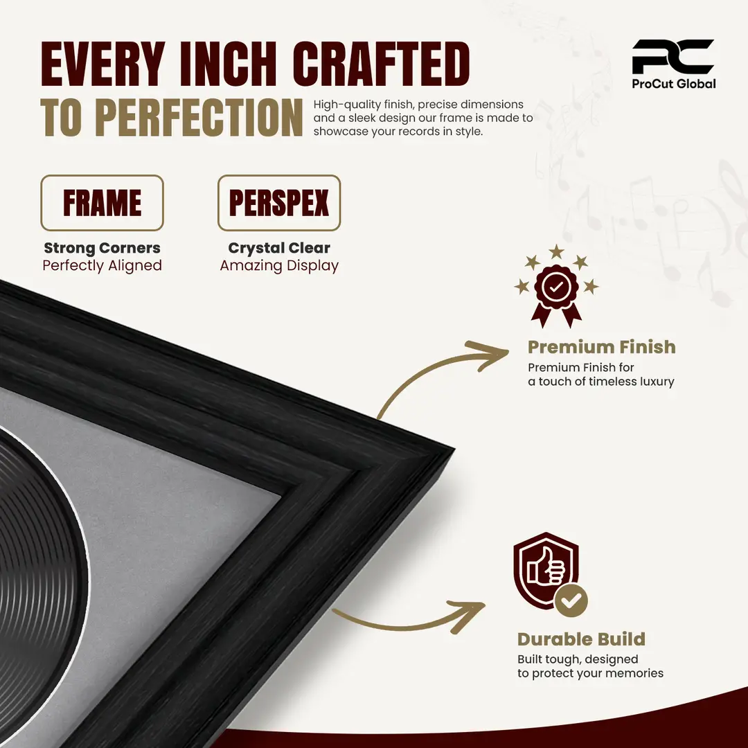 30x17" Classic Black Vinyl Record Frame With Mid Grey Mount | For 12" LP Cover and Disc Side By Side Display thumbnail 7