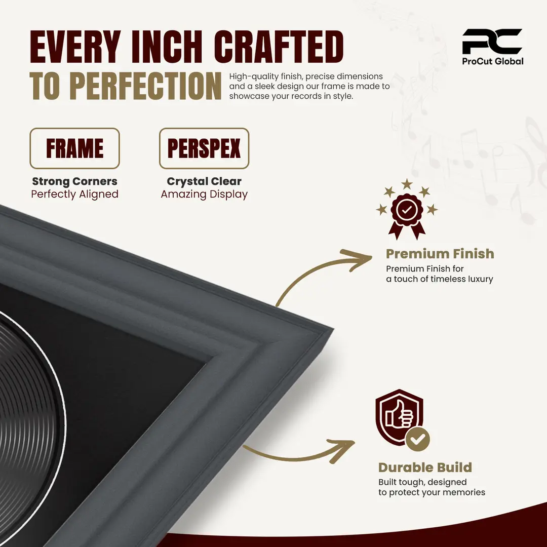 30x17" Classic Dark Grey Vinyl Record Frame With Black Mount | Displays 12" LP Cover & Disc Side by Side thumbnail 7