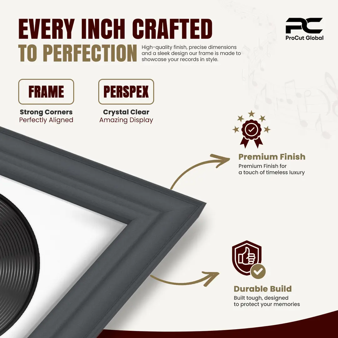 30x17" Classic Dark Grey Vinyl Record Frame With Ice White Mount | Displays 12" LP Cover & Disc Side by Side thumbnail 7