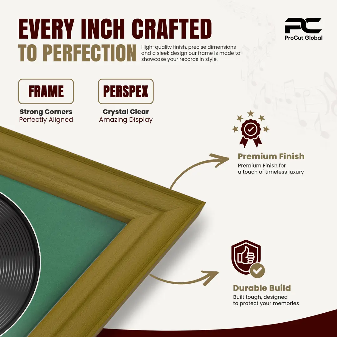 30x17" Classic Gold Vinyl Record Frame With Emerald (Green) Mount | For 12" LP Cover and Disc Side By Side Display thumbnail 7