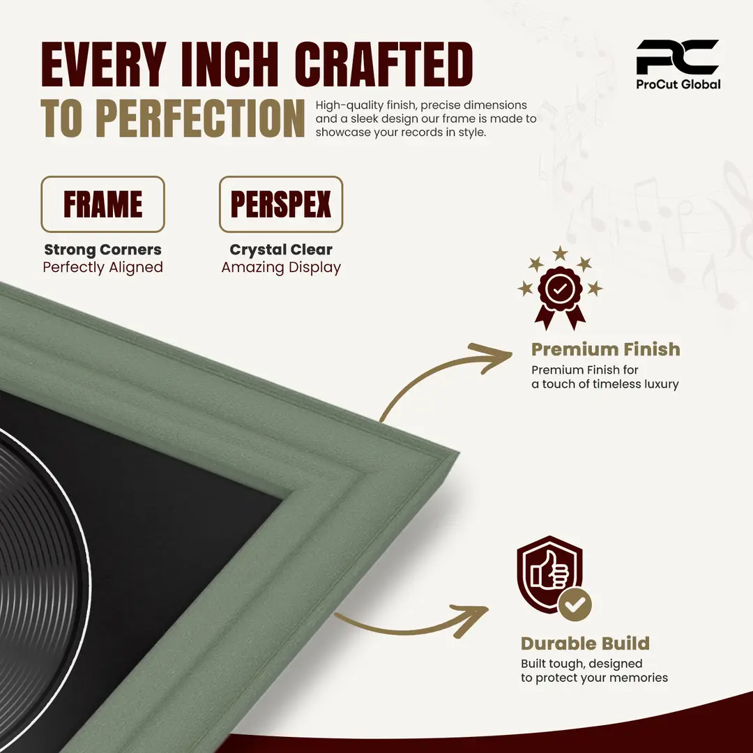 30x17" Classic Green Vinyl Record Frame With Black Mount | Displays 12" LP Cover & Disc Side by Side thumbnail 7