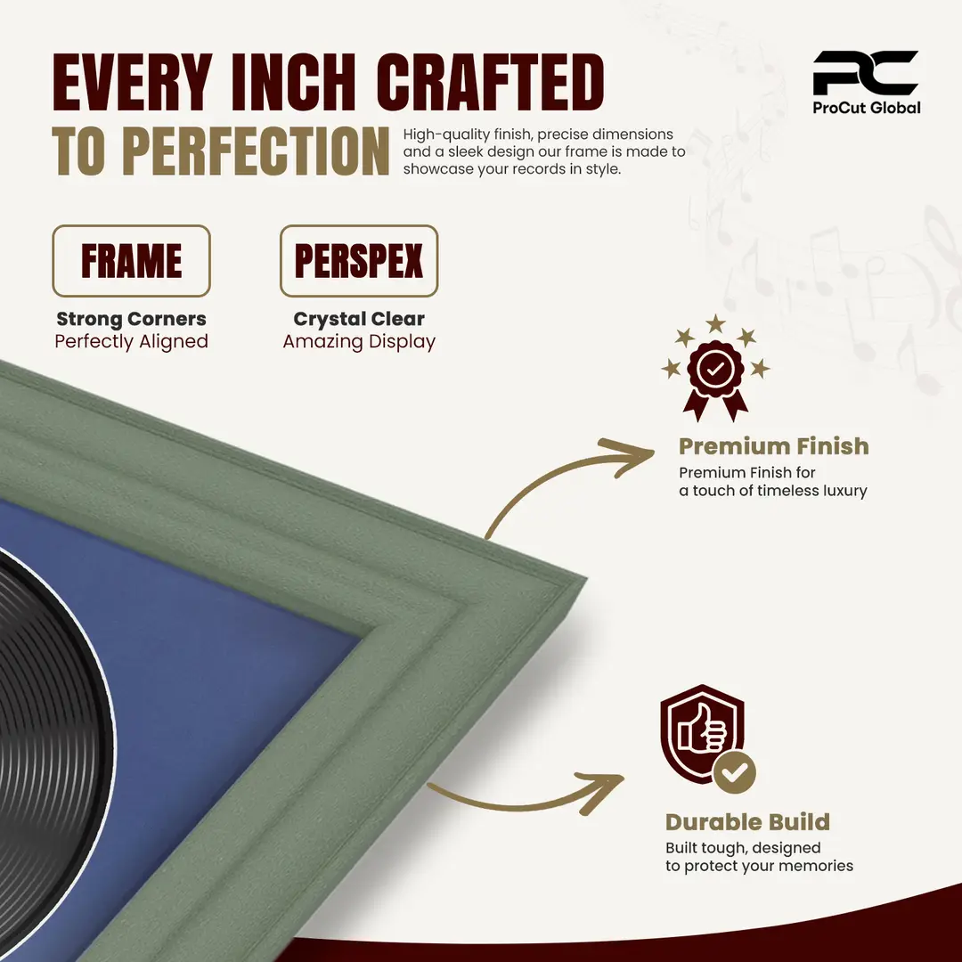 30x17" Classic Green Vinyl Record Frame With Blue Mount | Side by Side 12" LP Cover & Disc Display thumbnail 7