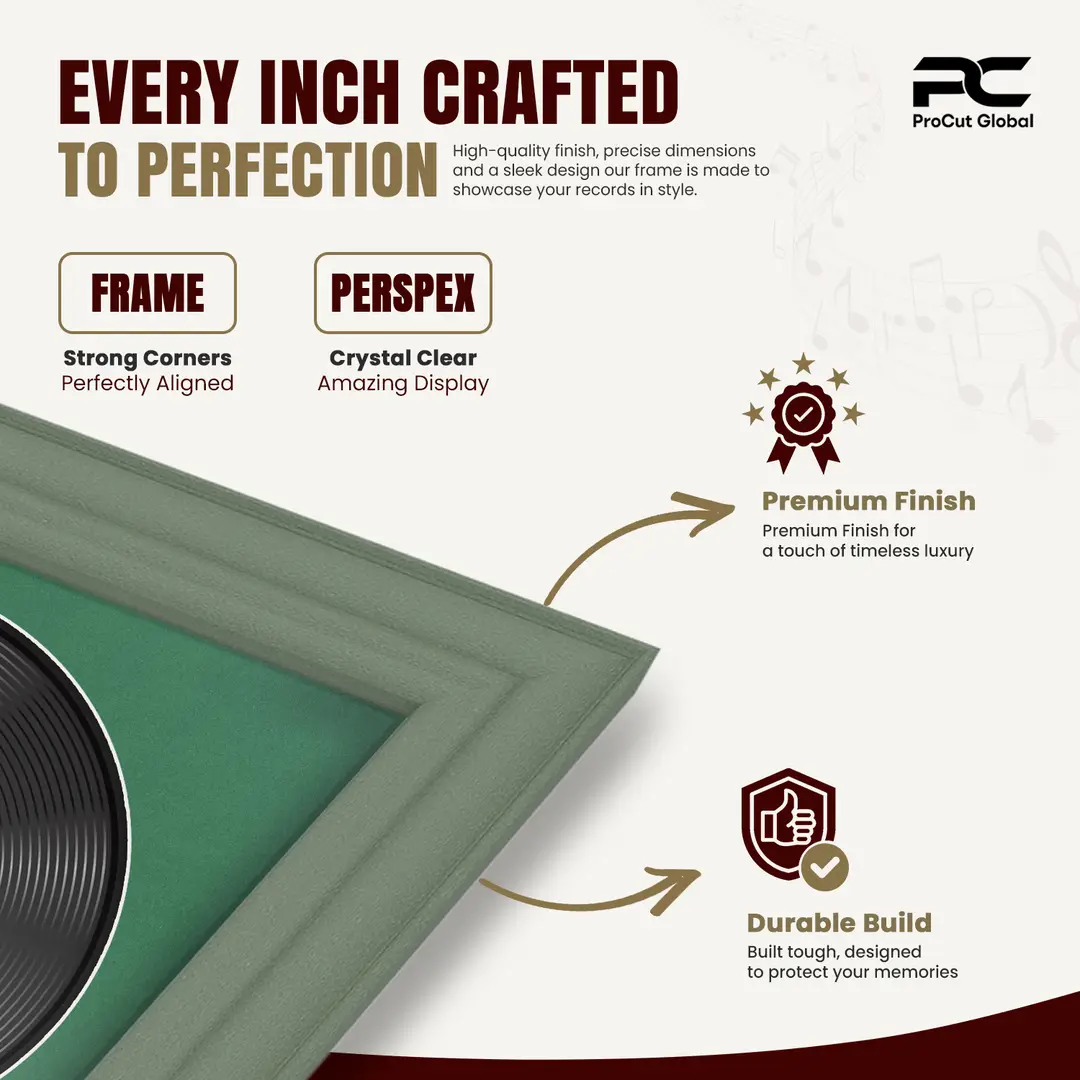 30x17" Classic Green Vinyl Record Frame With Emerald (Green) Mount | Side by Side 12" LP Cover & Disc Display thumbnail 7