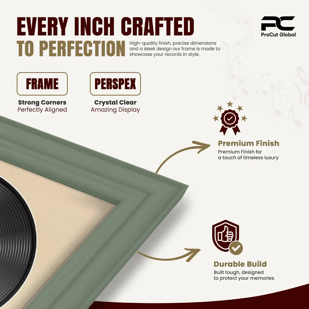30x17" Classic Green Vinyl Record Frame With Ivory Mount | Displays 12" LP Cover & Disc Side by Side thumbnail 7