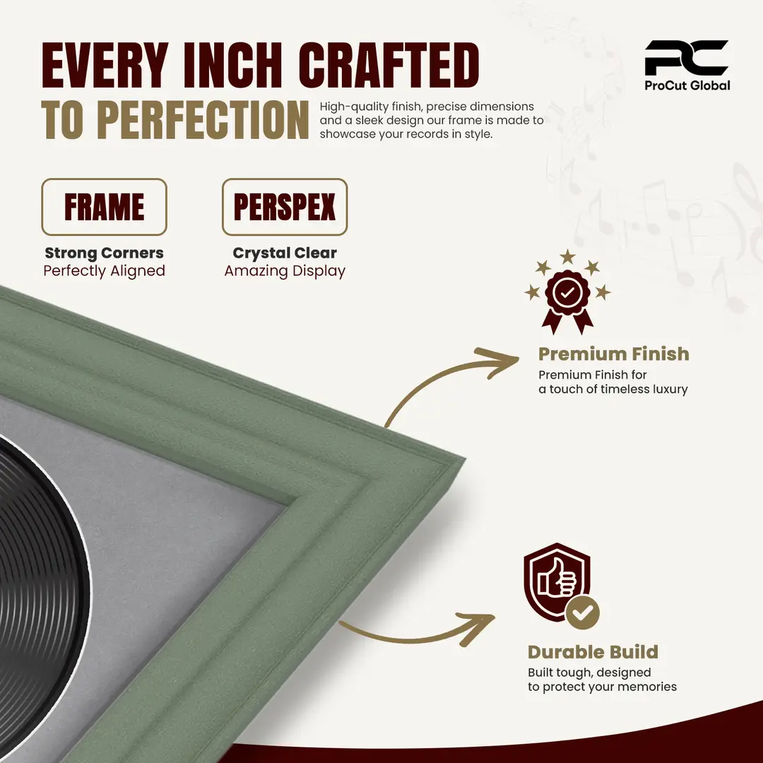 30x17" Classic Green Vinyl Record Frame With Mid Grey Mount | For 12" LP Cover and Disc Side By Side Display thumbnail 7
