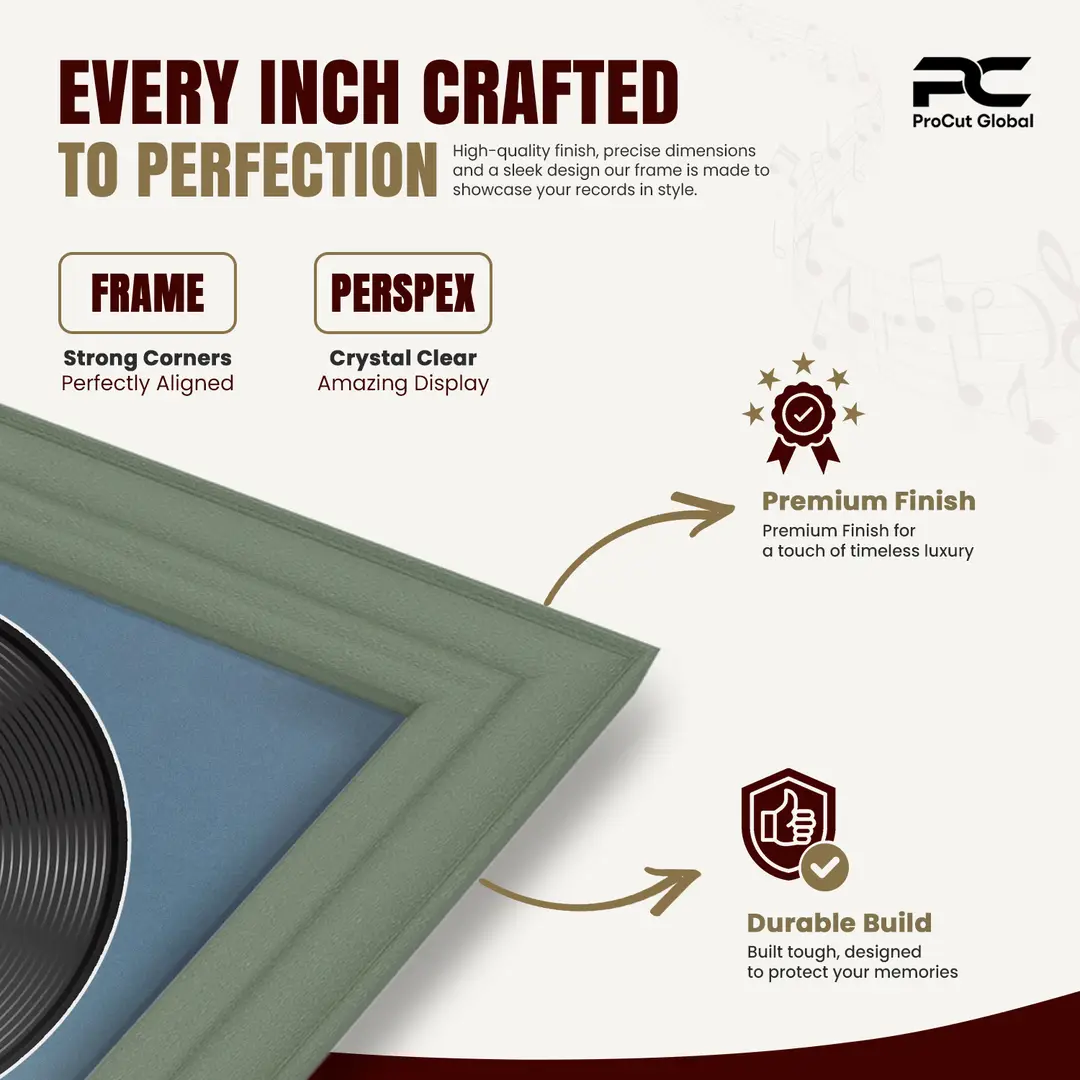 30x17" Classic Green Vinyl Record Frame With Pompador Mount | Displays 12" LP Cover & Disc Side by Side thumbnail 7