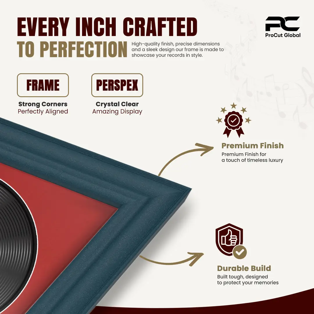 30x17" Classic Navy Blue Vinyl Record Frame With Crimson Mount | For 12" LP Cover and Disc Side By Side Display thumbnail 7