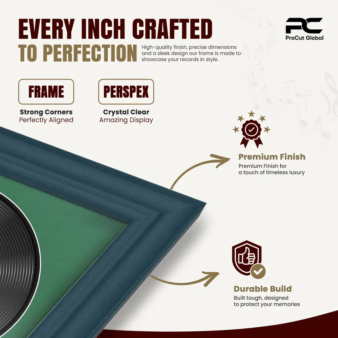 30x17" Classic Navy Blue Vinyl Record Frame With Emerald (Green) Mount | Displays 12" LP Cover & Disc Side by Side thumbnail 7