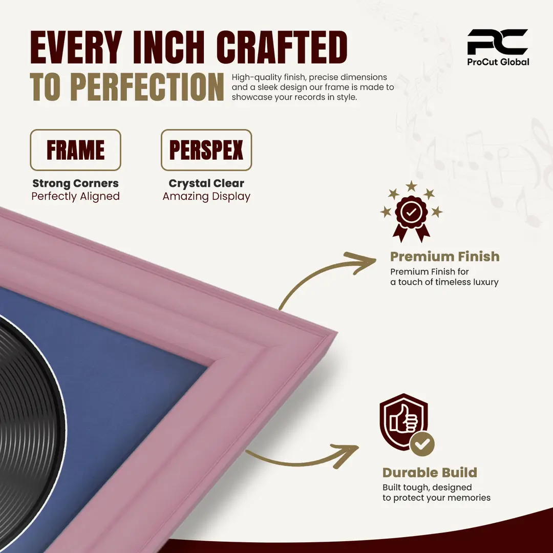 30x17" Classic Pastel Pink Vinyl Record Frame With Blue Mount | For 12" LP Cover and Disc Side By Side Display thumbnail 7