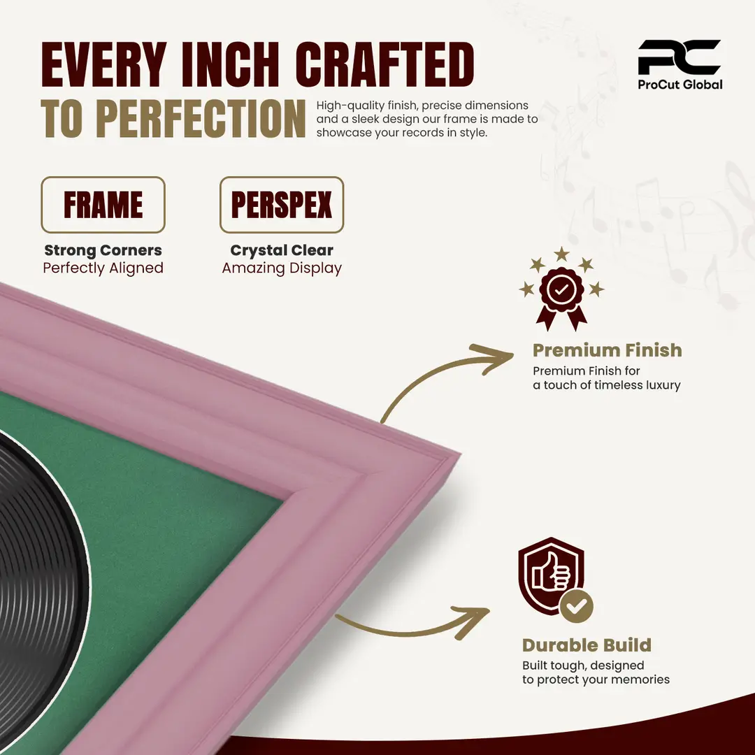 30x17" Classic Pastel Pink Vinyl Record Frame With Emerald (Green) Mount | Side by Side 12" LP Cover & Disc Display thumbnail 7