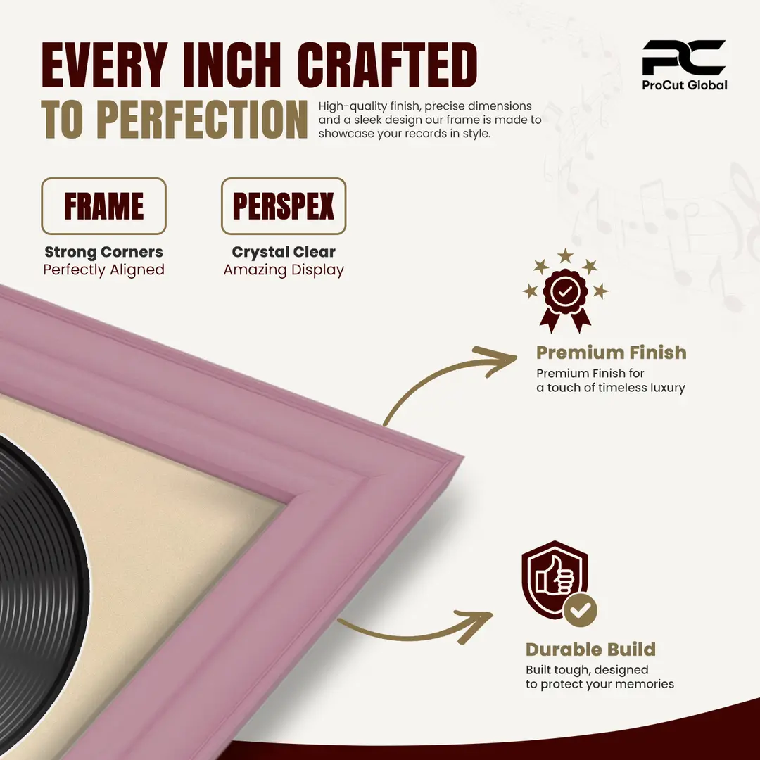 30x17" Classic Pastel Pink Vinyl Record Frame With Ivory Mount | Side by Side 12" LP Cover & Disc Display thumbnail 7