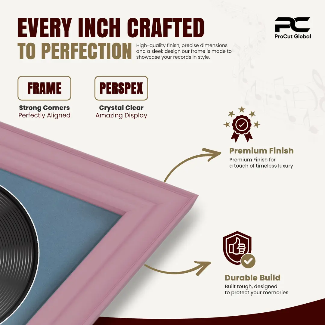 30x17" Classic Pastel Pink Vinyl Record Frame With Pompador Mount | Displays 12" LP Cover & Disc Side by Side thumbnail 7