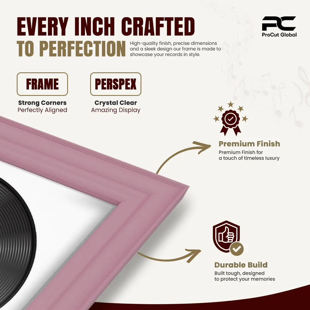 30x17" Classic Pastel Pink Vinyl Record Frame With Ice White Mount | Displays 12" LP Cover & Disc Side by Side thumbnail 7