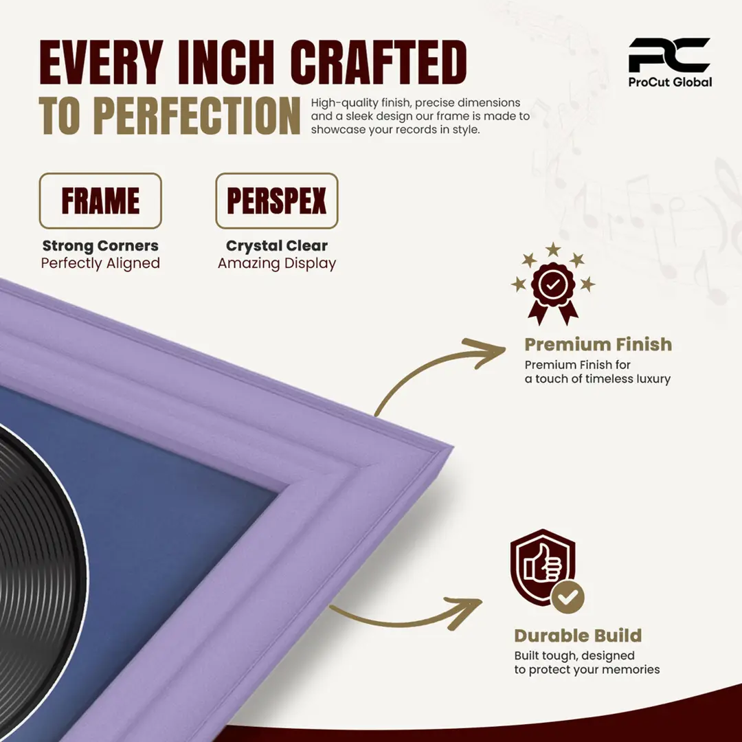 30x17" Classic Purple Vinyl Record Frame With Blue Mount | For 12" LP Cover and Disc Side By Side Display thumbnail 7