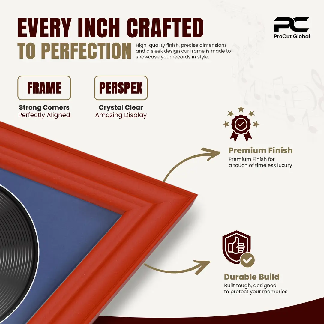 30x17" Classic Red Vinyl Record Frame With Blue Mount | For 12" LP Cover and Disc Side By Side Display thumbnail 7