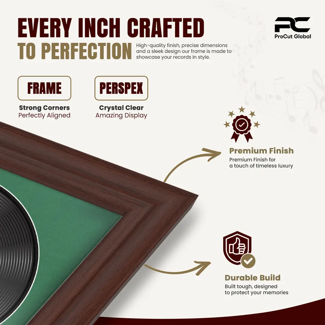 30x17" Classic Rose Wood Vinyl Record Frame With Emerald (Green) Mount | Side by Side 12" LP Cover & Disc Display thumbnail 7