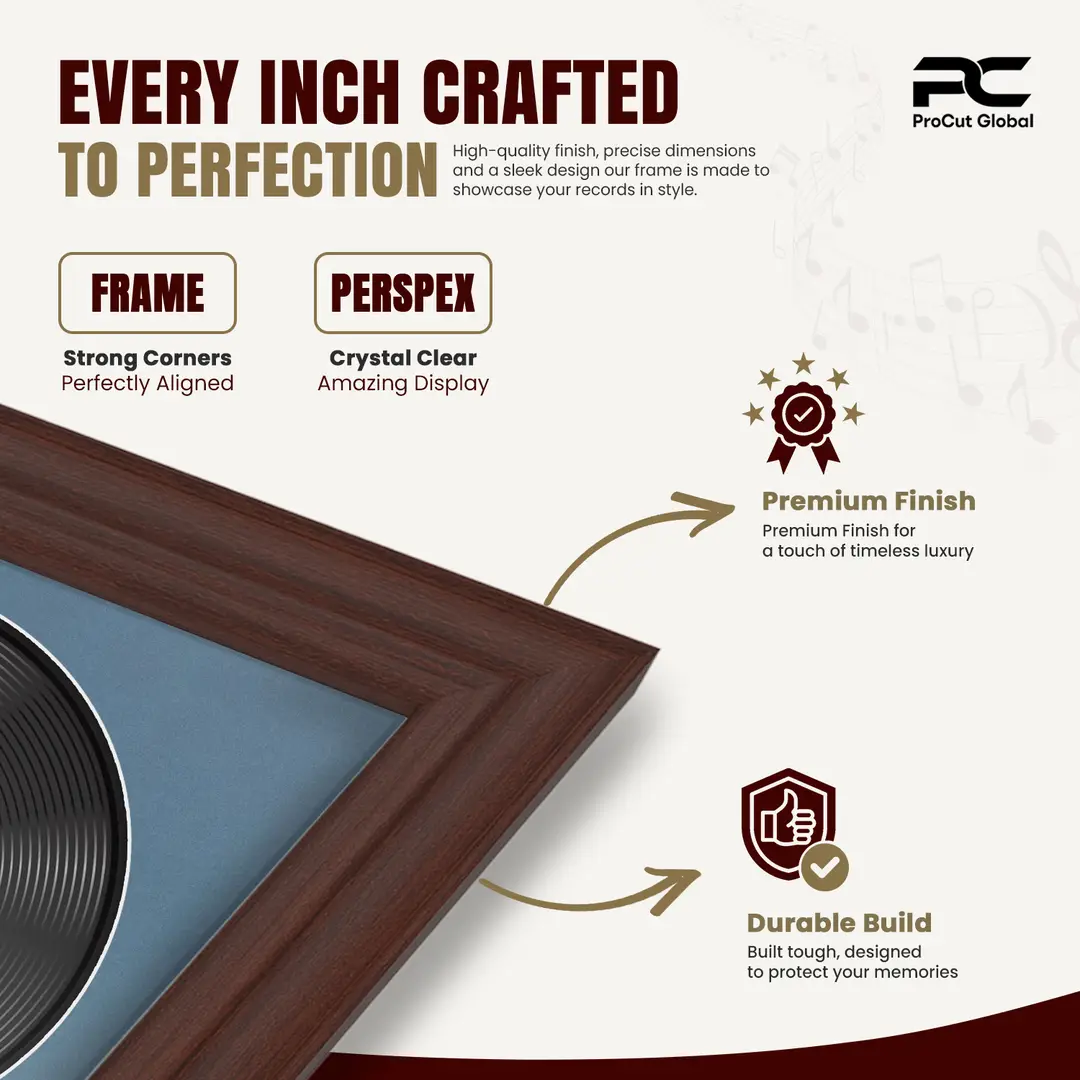 30x17" Classic Rose Wood Vinyl Record Frame With Pompador Mount | For 12" LP Cover and Disc Side By Side Display thumbnail 7