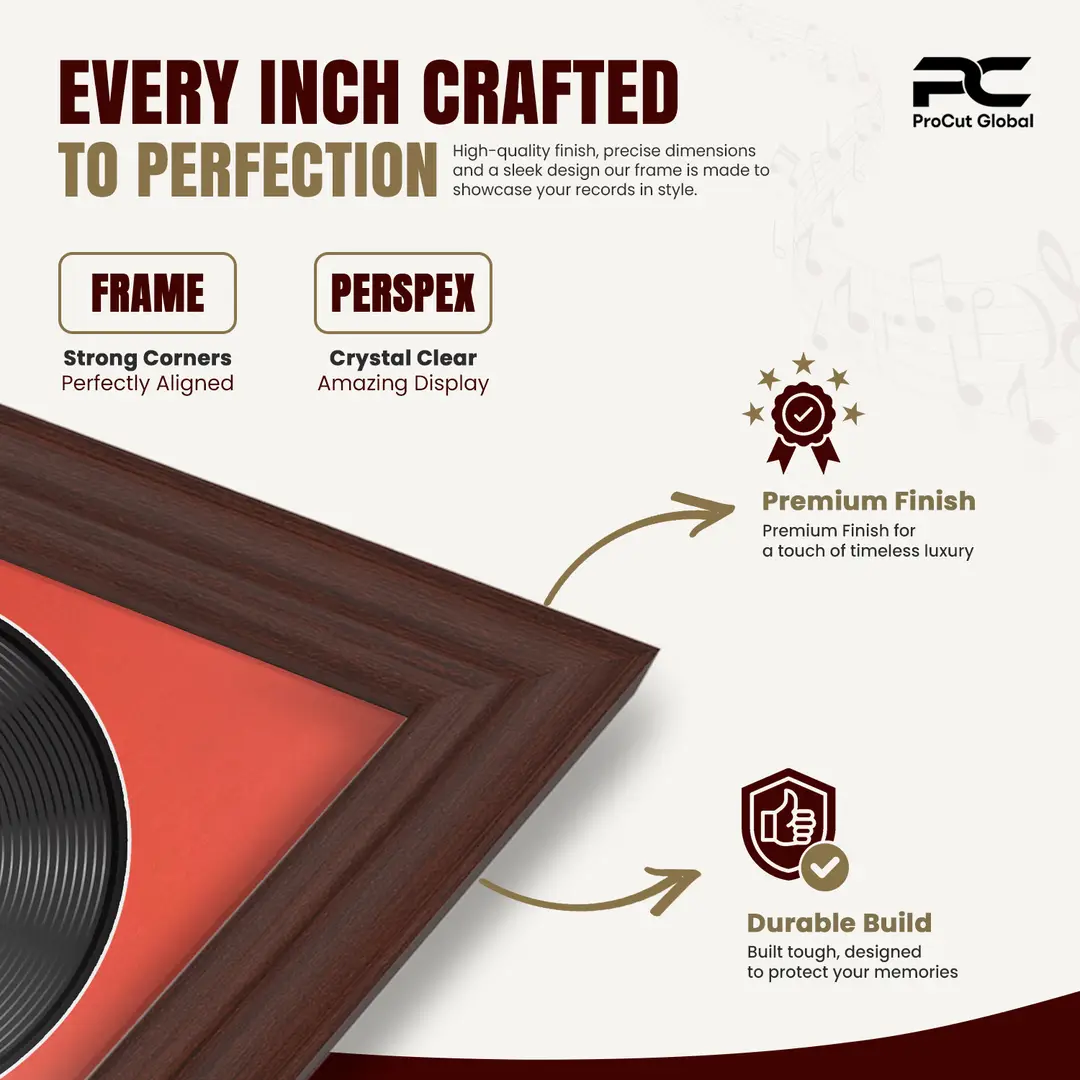 30x17" Classic Rose Wood Vinyl Record Frame With Poppy Red Mount | For 12" LP Cover and Disc Side By Side Display thumbnail 7