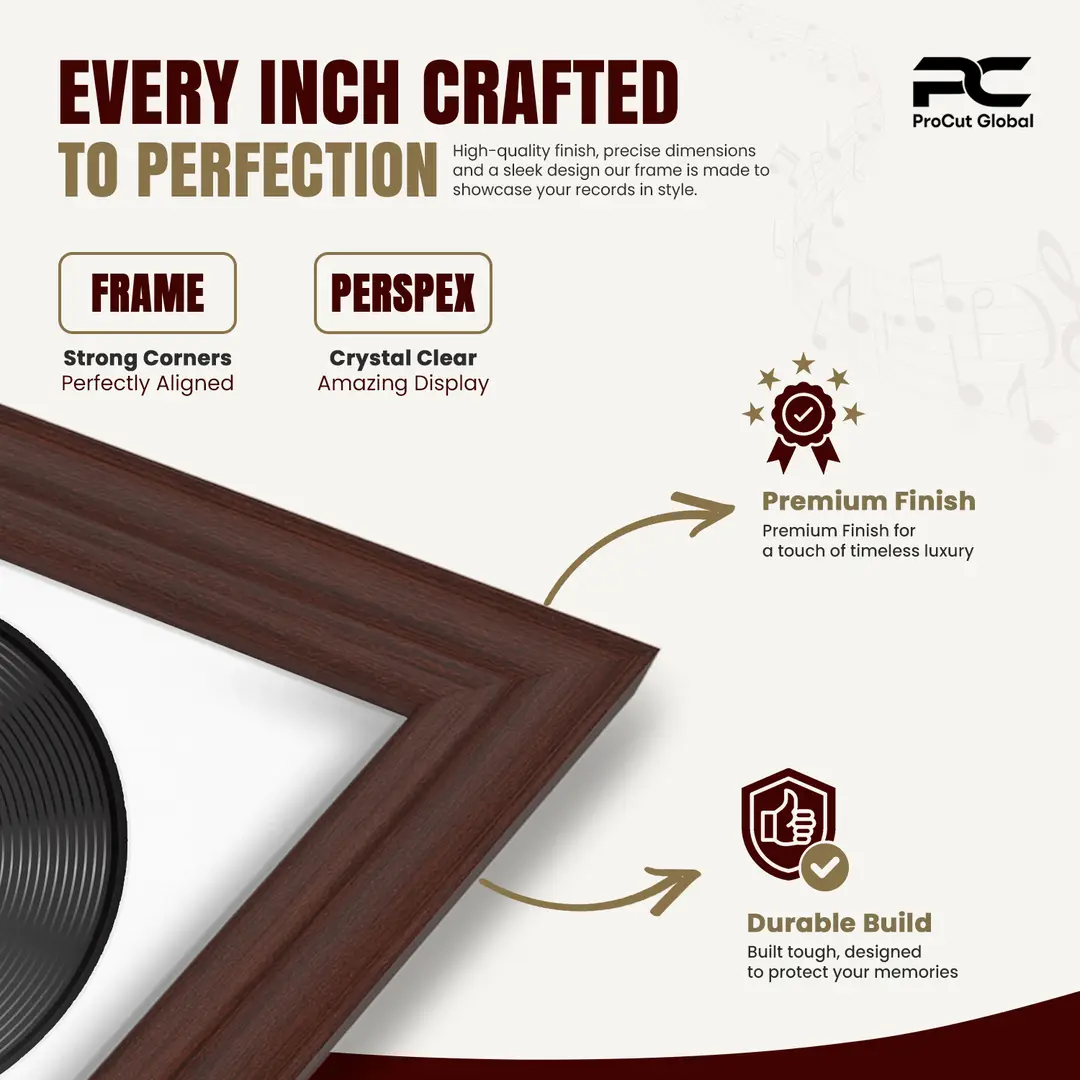 30x17" Classic Rose Wood Vinyl Record Frame With Ice White Mount | For 12" LP Cover and Disc Side By Side Display thumbnail 7