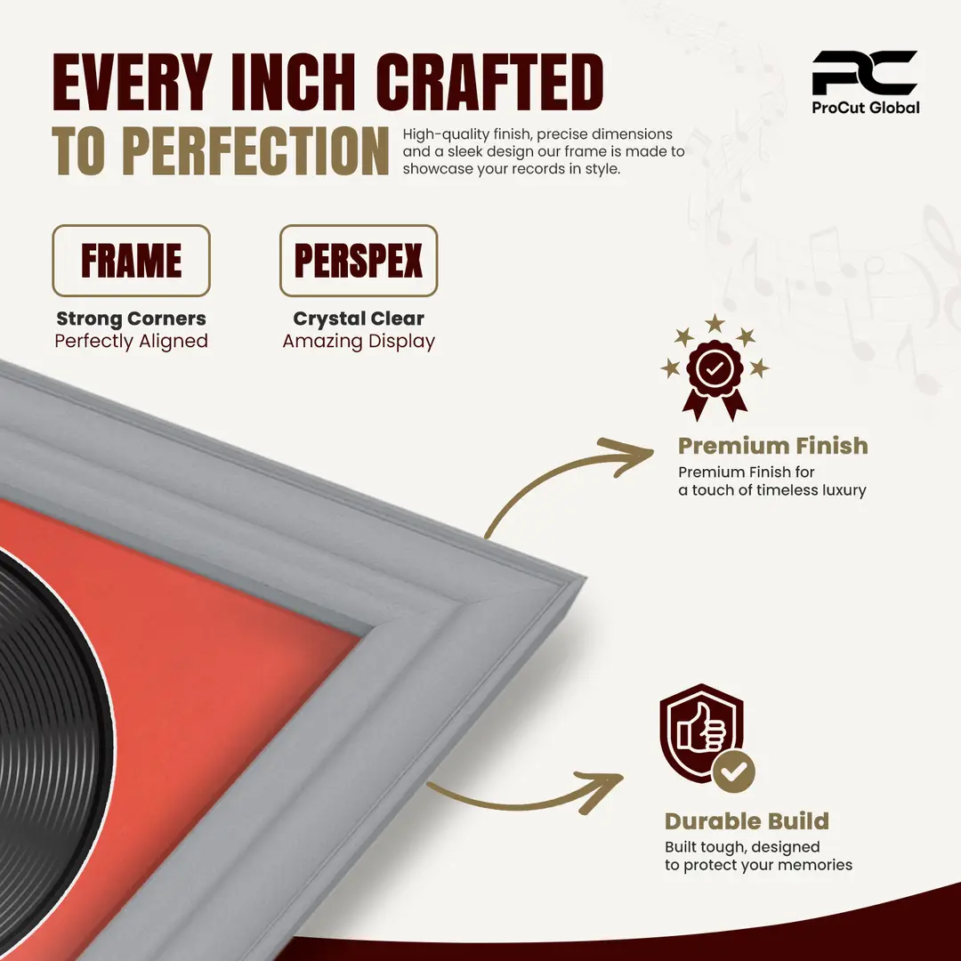 30x17" Classic Silver Vinyl Record Frame With Poppy Red Mount | For 12" LP Cover and Disc Side By Side Display thumbnail 7