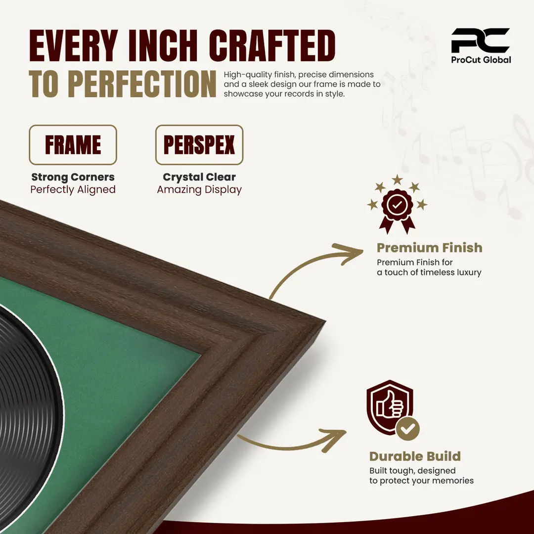 30x17" Classic Walnut Vinyl Record Frame With Emerald (Green) Mount | For 12" LP Cover and Disc Side By Side Display thumbnail 7