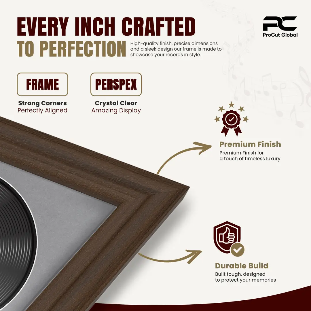30x17" Classic Walnut Vinyl Record Frame With Mid Grey Mount | For 12" LP Cover and Disc Side By Side Display thumbnail 7