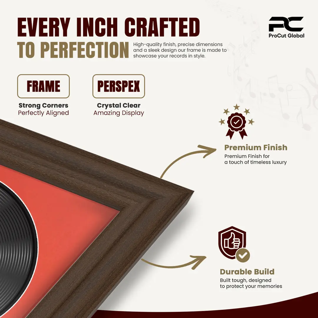 30x17" Classic Walnut Vinyl Record Frame With Poppy Red Mount | For 12" LP Cover and Disc Side By Side Display thumbnail 7
