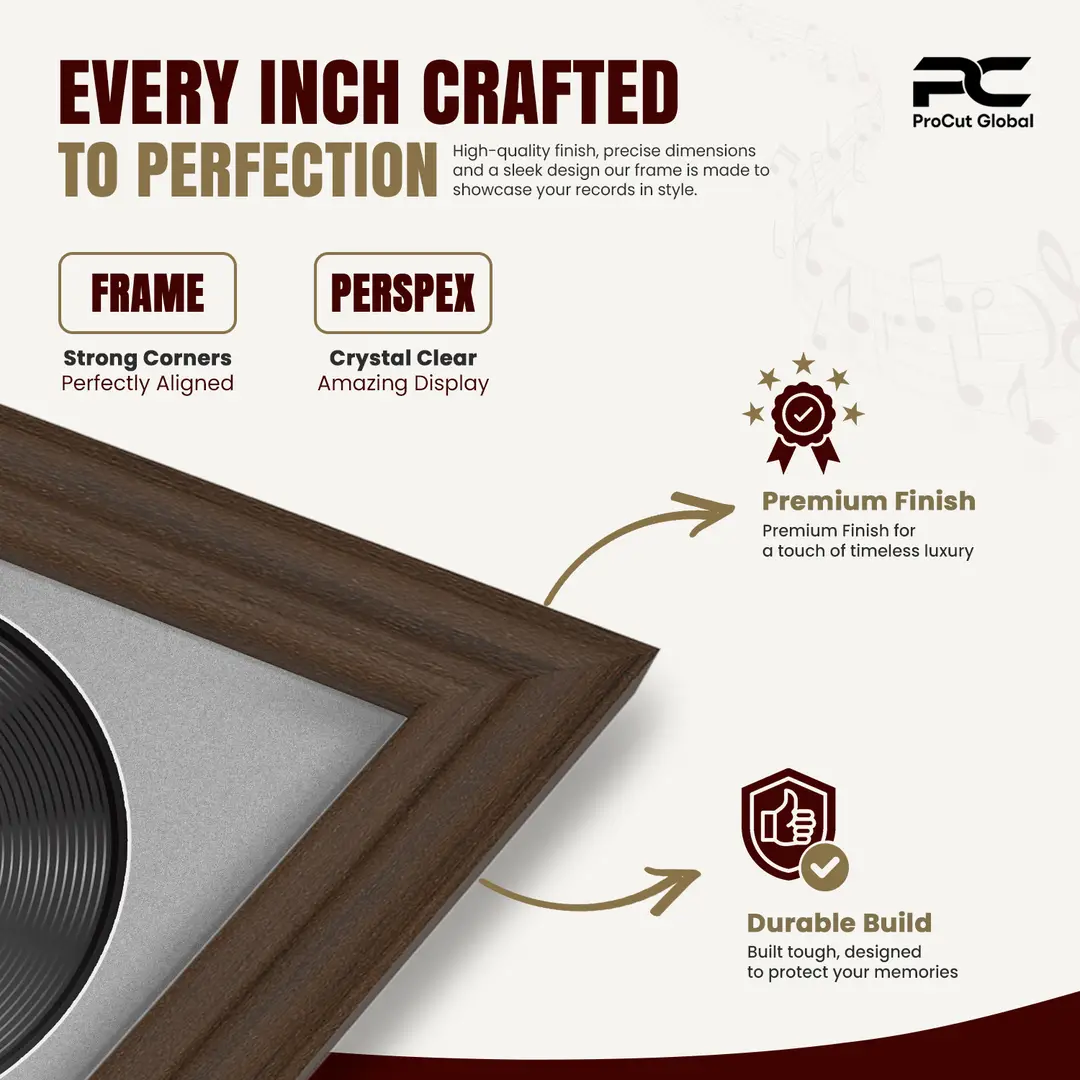 30x17" Classic Walnut Vinyl Record Frame With Poppy Red Mount | Side by Side 12" LP Cover & Disc Display thumbnail 7