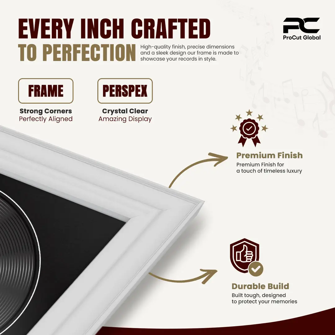 30x17" Classic White Vinyl Record Frame With Black Mount | For 12" LP Cover and Disc Side By Side Display thumbnail 7