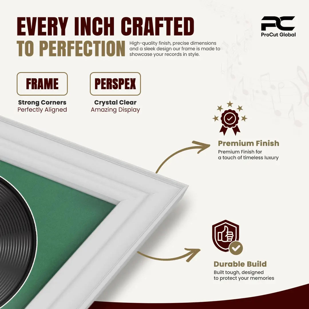 30x17" Classic White Vinyl Record Frame With Emerald (Green) Mount | For 12" LP Cover and Disc Side By Side Display thumbnail 7
