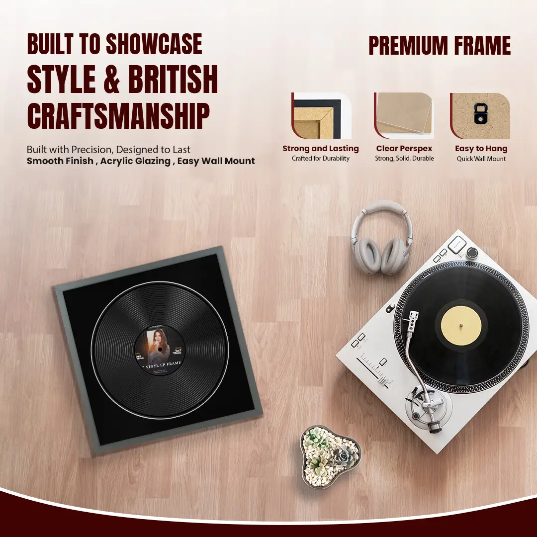 16x16" Modern Sleek Dark Grey Vinyl Record Frame With Black Mount For 12" LP Discs | Premium Wall Frame For Music Enthusiasts thumbnail 2