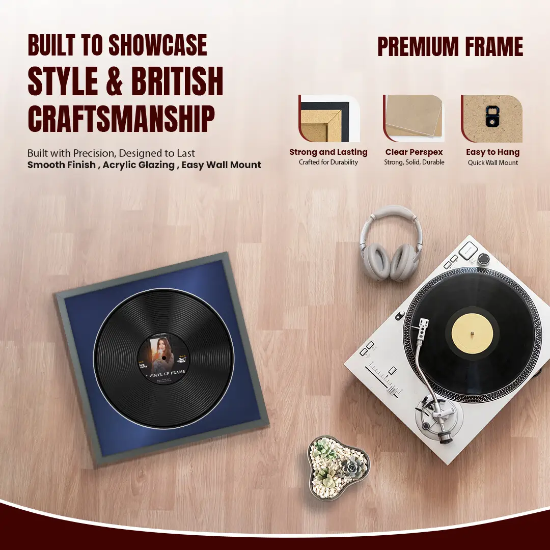 16x16" Modern Sleek Dark Grey Vinyl Record Frame With Blue Mount For 12" LP Discs | Contemporary Wall Display thumbnail 2