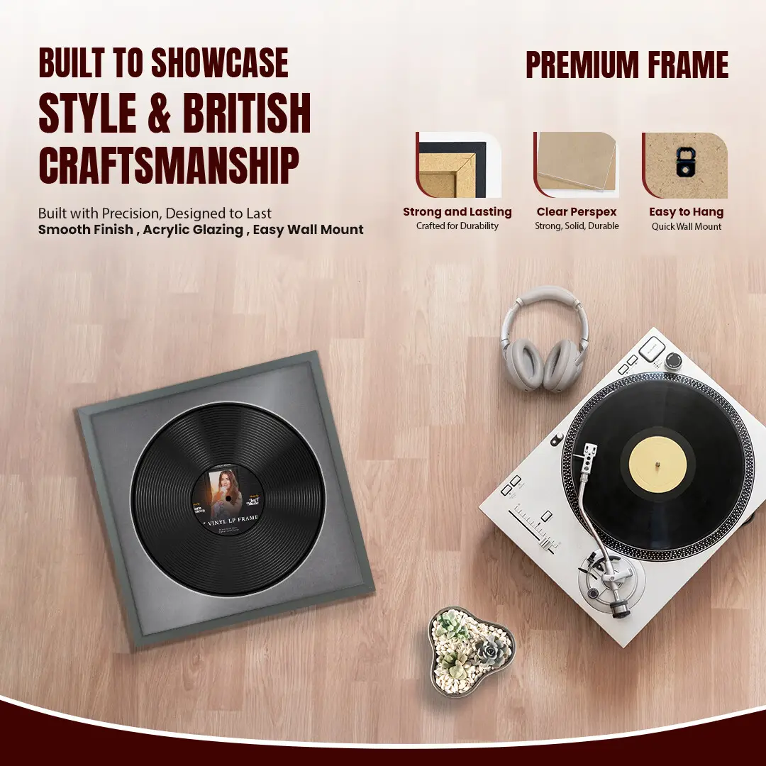 16x16" Modern Sleek Dark Grey Vinyl Record Frame With Mid Grey Mount For 12" LP Discs | Elegant Frame For Music Lovers thumbnail 2