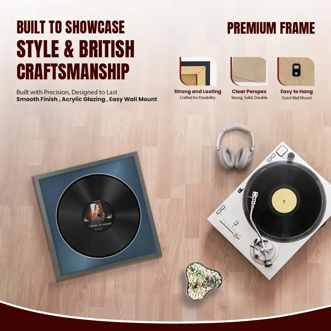 16x16" Modern Sleek Dark Grey Vinyl Record Frame With Black Mount For 12" LP Discs | Contemporary Wall Display thumbnail 2