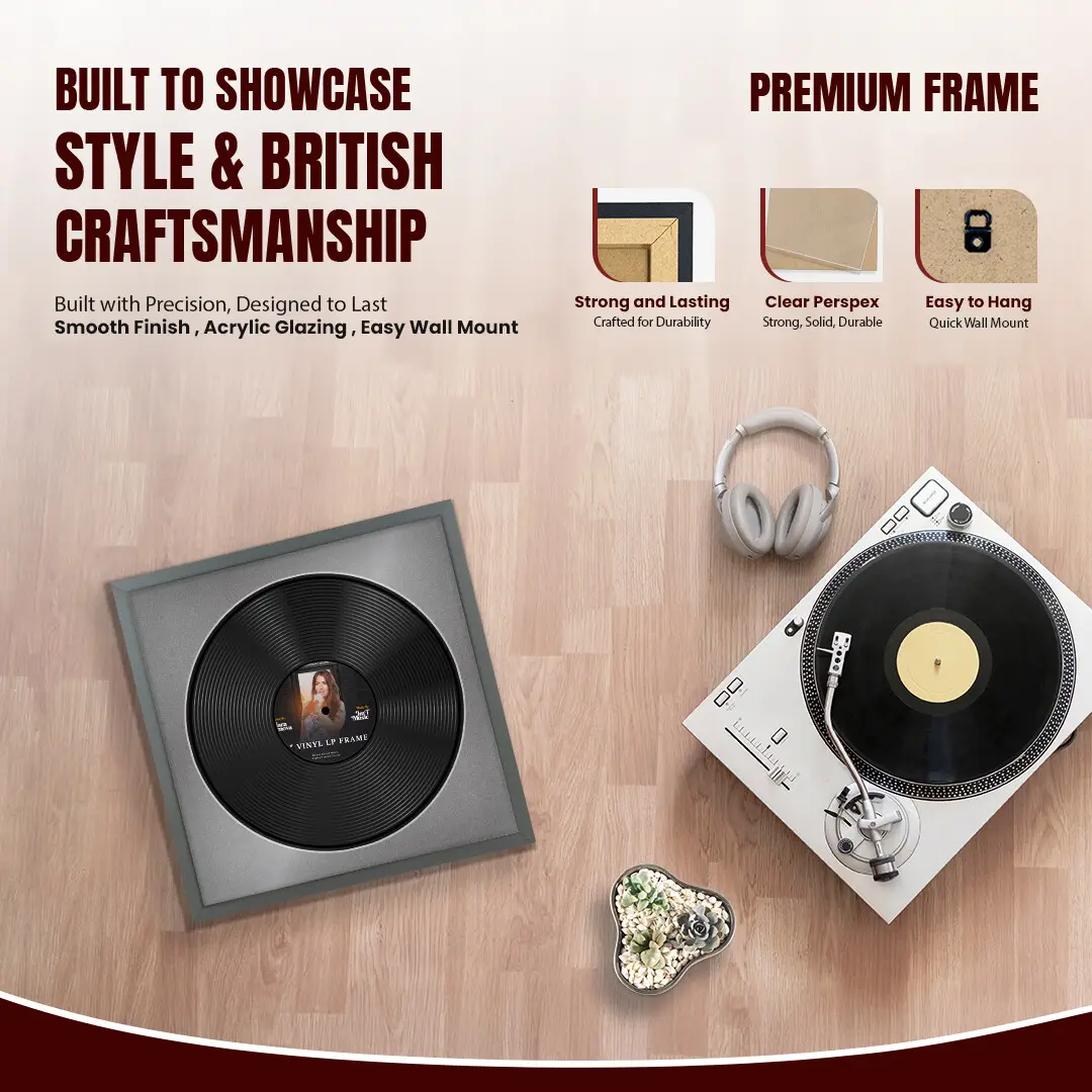 16x16" Modern Sleek Dark Grey Vinyl Record Frame With Silver Mount For 12" LP Discs | Premium Wall Frame For Music Enthusiasts thumbnail 2