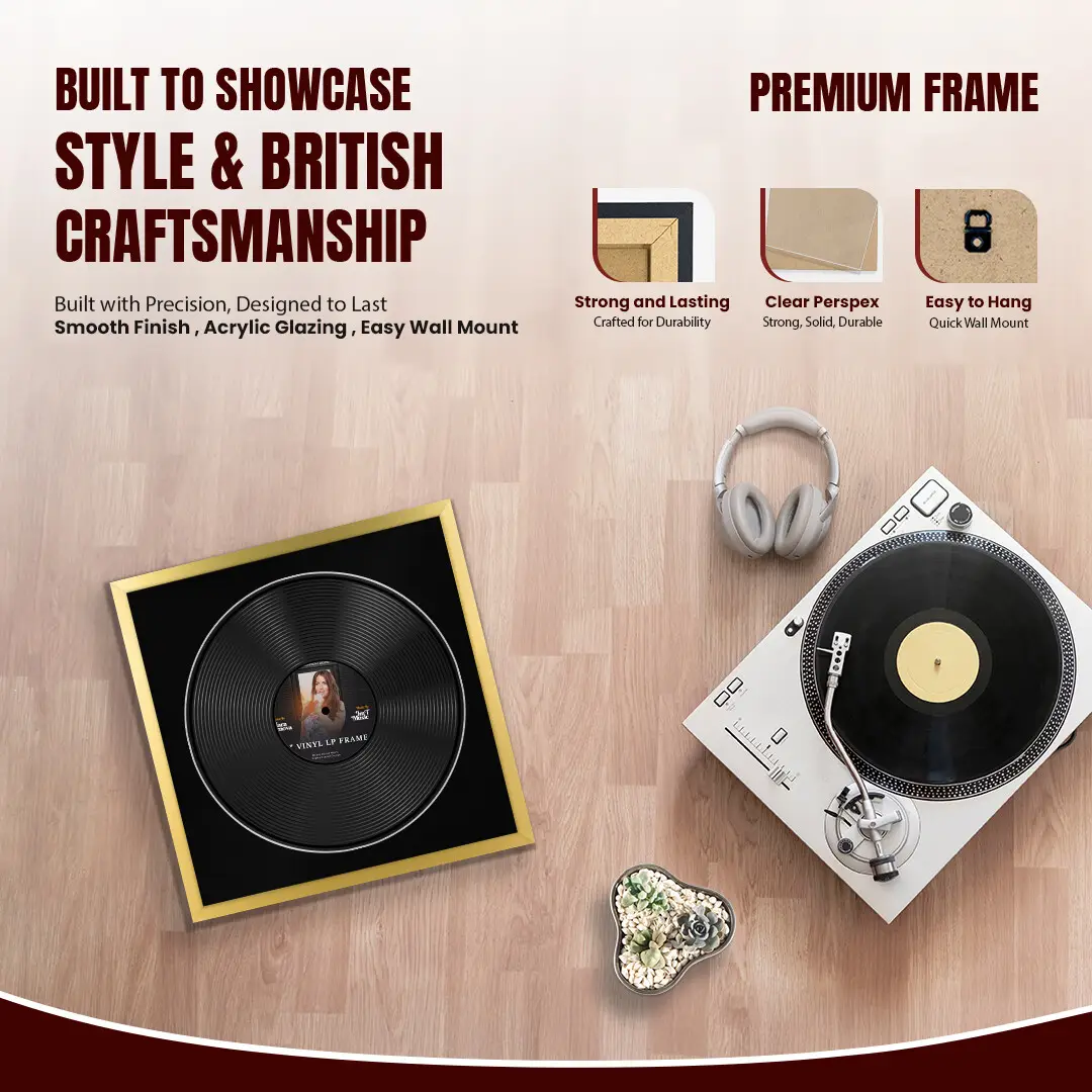 16x16" Modern Sleek Gold Vinyl Record Frame With Black Mount For 12" LP Discs | Contemporary Wall Display thumbnail 2