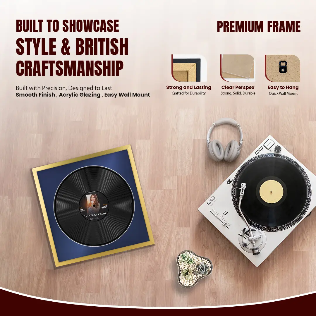 16x16" Modern Sleek Gold Vinyl Record Frame With Blue Mount For 12" LP Discs | Contemporary Wall Display thumbnail 2