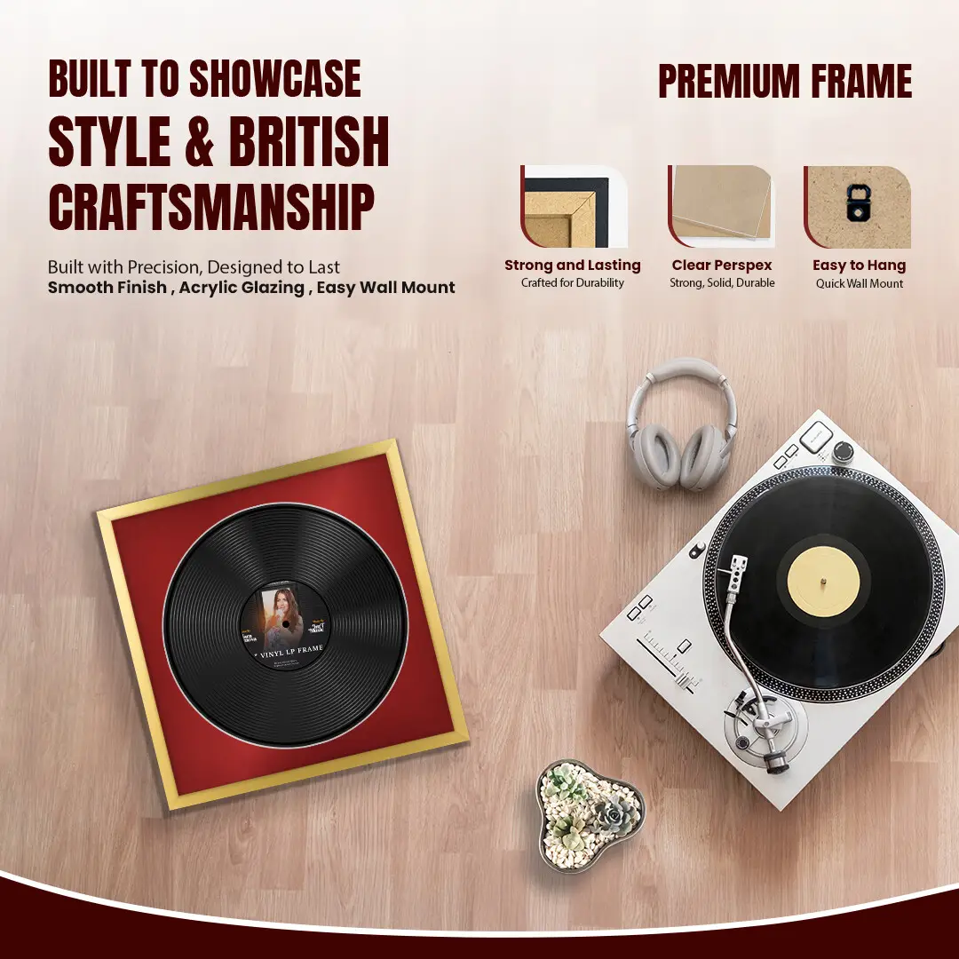 16x16" Modern Sleek Gold Vinyl Record Frame With Crimson Mount For 12" LP Discs | Contemporary Wall Display thumbnail 2