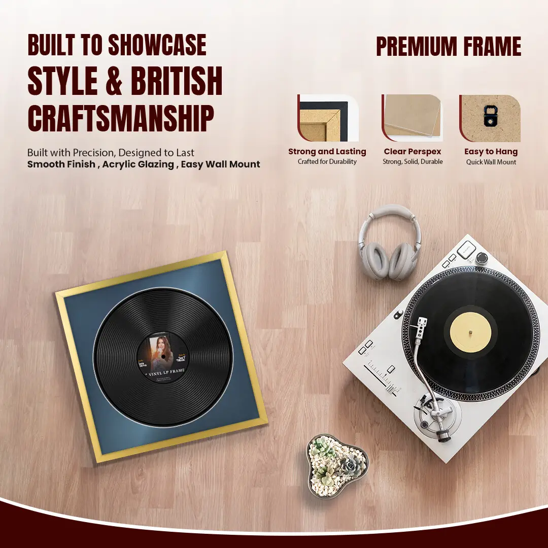 16x16" Modern Sleek Gold Vinyl Record Frame With Pompador Mount For 12" LP Discs | Premium Wall Frame For Music Enthusiasts thumbnail 2