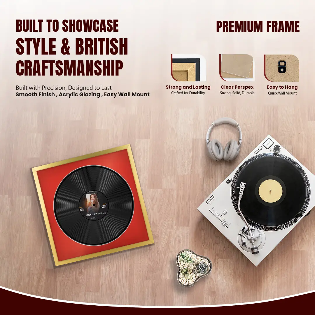 16x16" Modern Sleek Gold Vinyl Record Frame With Poppy Red Mount For 12" LP Discs | Contemporary Wall Display thumbnail 2