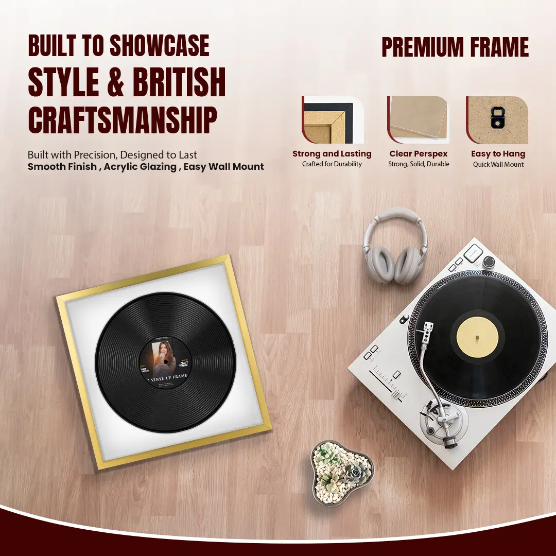 16x16" Modern Sleek Gold Vinyl Record Frame With Ice White Mount For 12" LP Discs | Premium Wall Frame For Music Enthusiasts thumbnail 2