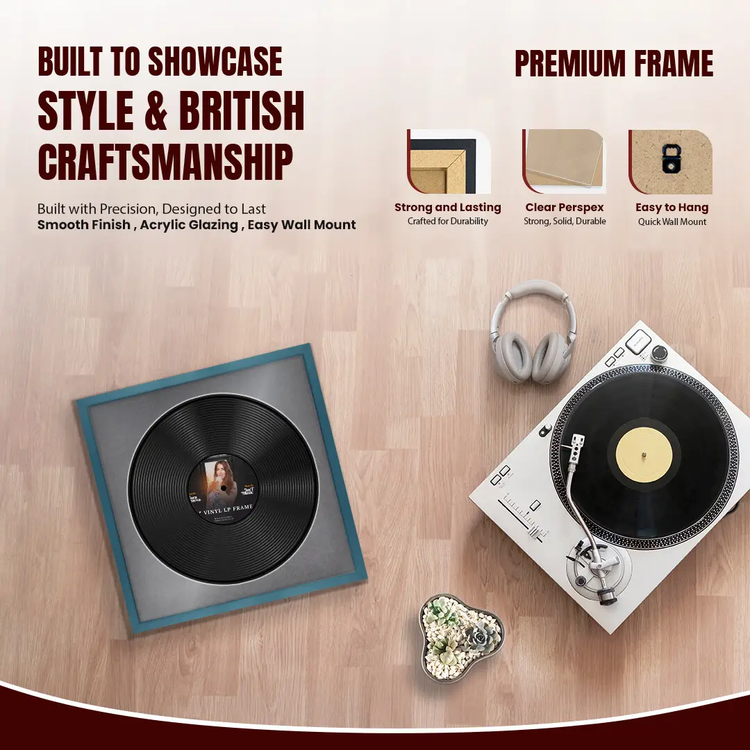 16x16" Modern Sleek Navy Blue Vinyl Record Frame With Mid Grey Mount For 12" LP Discs | Elegant Frame For Music Lovers thumbnail 2