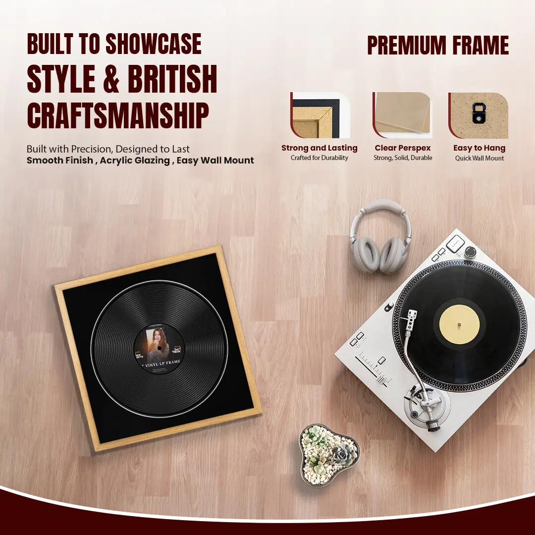 16x16" Modern Sleek Oak Vinyl Record Frame With Black Mount For 12" LP Discs | Premium Wall Frame For Music Enthusiasts thumbnail 2