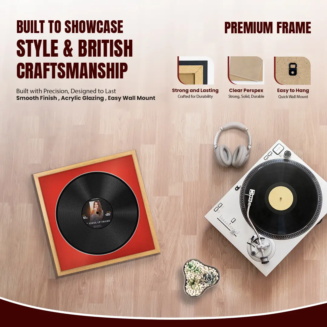 16x16" Modern Sleek Oak Vinyl Record Frame With Black Mount For 12" LP Discs | Premium Wall Frame For Music Enthusiasts thumbnail 2