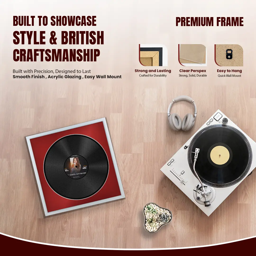 16x16" Modern Sleek Silver Vinyl Record Frame With Crimson Mount For 12" LP Discs | Elegant Frame For Music Lovers thumbnail 2