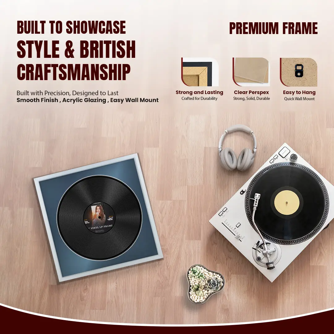 16x16" Modern Sleek Silver Vinyl Record Frame With Black Mount For 12" LP Discs | Premium Wall Frame For Music Enthusiasts thumbnail 2