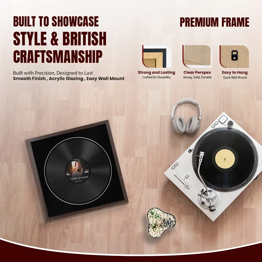 16x16" Modern Sleek Walnut Vinyl Record Frame With Black Mount For 12" LP Discs | Contemporary Wall Display thumbnail 2