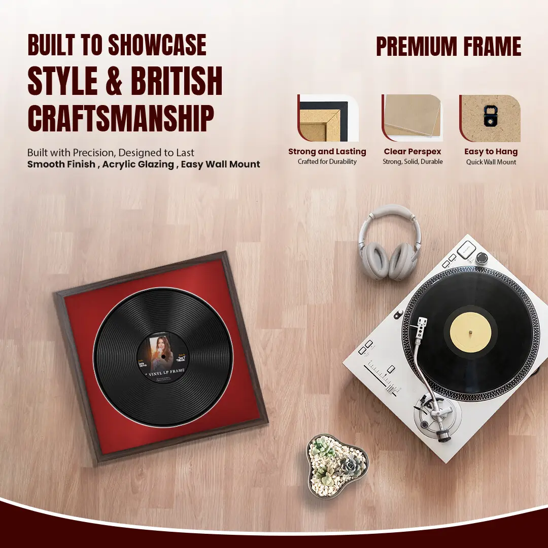 16x16" Modern Sleek Walnut Vinyl Record Frame With Crimson Mount For 12" LP Discs | Premium Wall Frame For Music Enthusiasts thumbnail 2