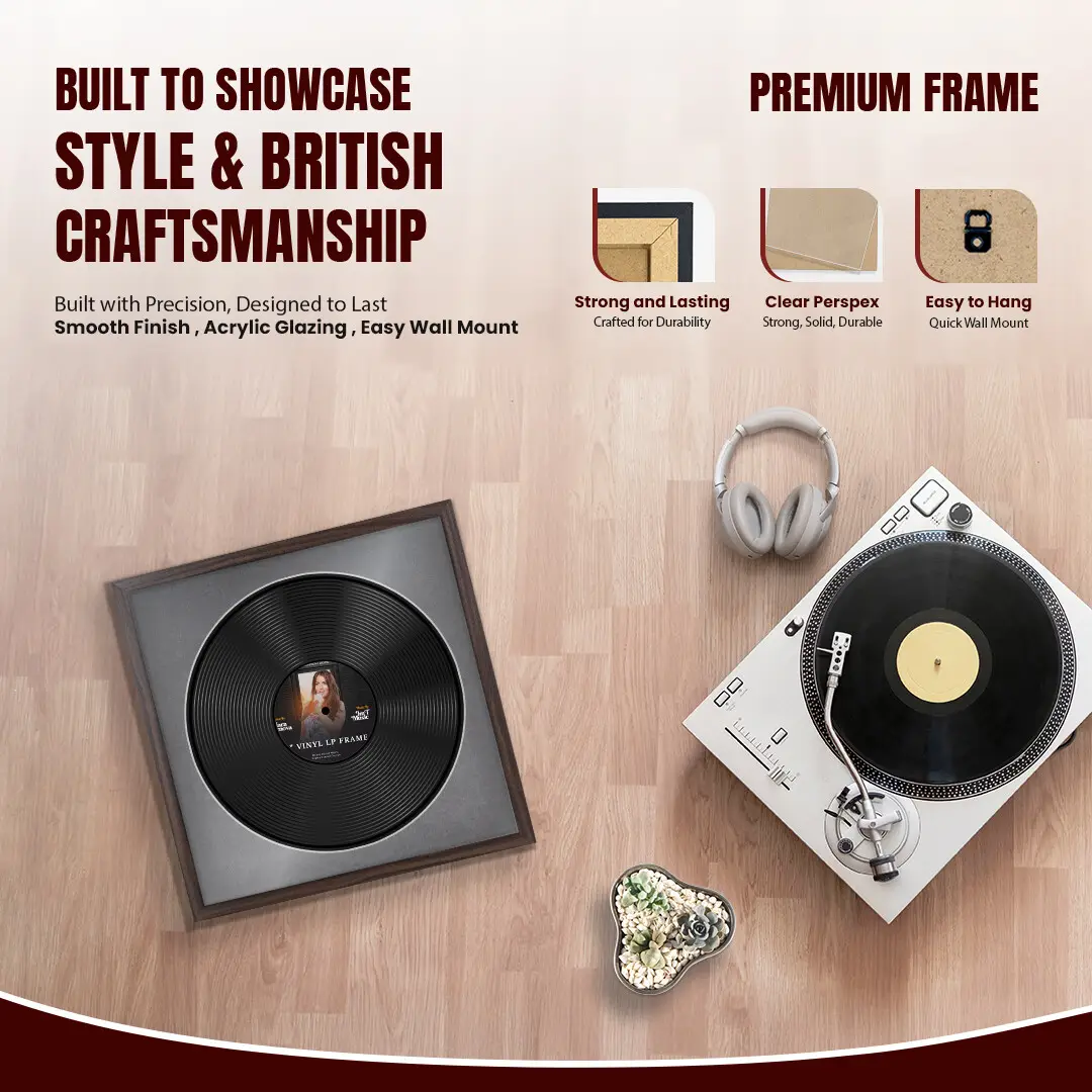 16x16" Modern Sleek Walnut Vinyl Record Frame With Mid Grey Mount For 12" LP Discs | Contemporary Wall Display thumbnail 2